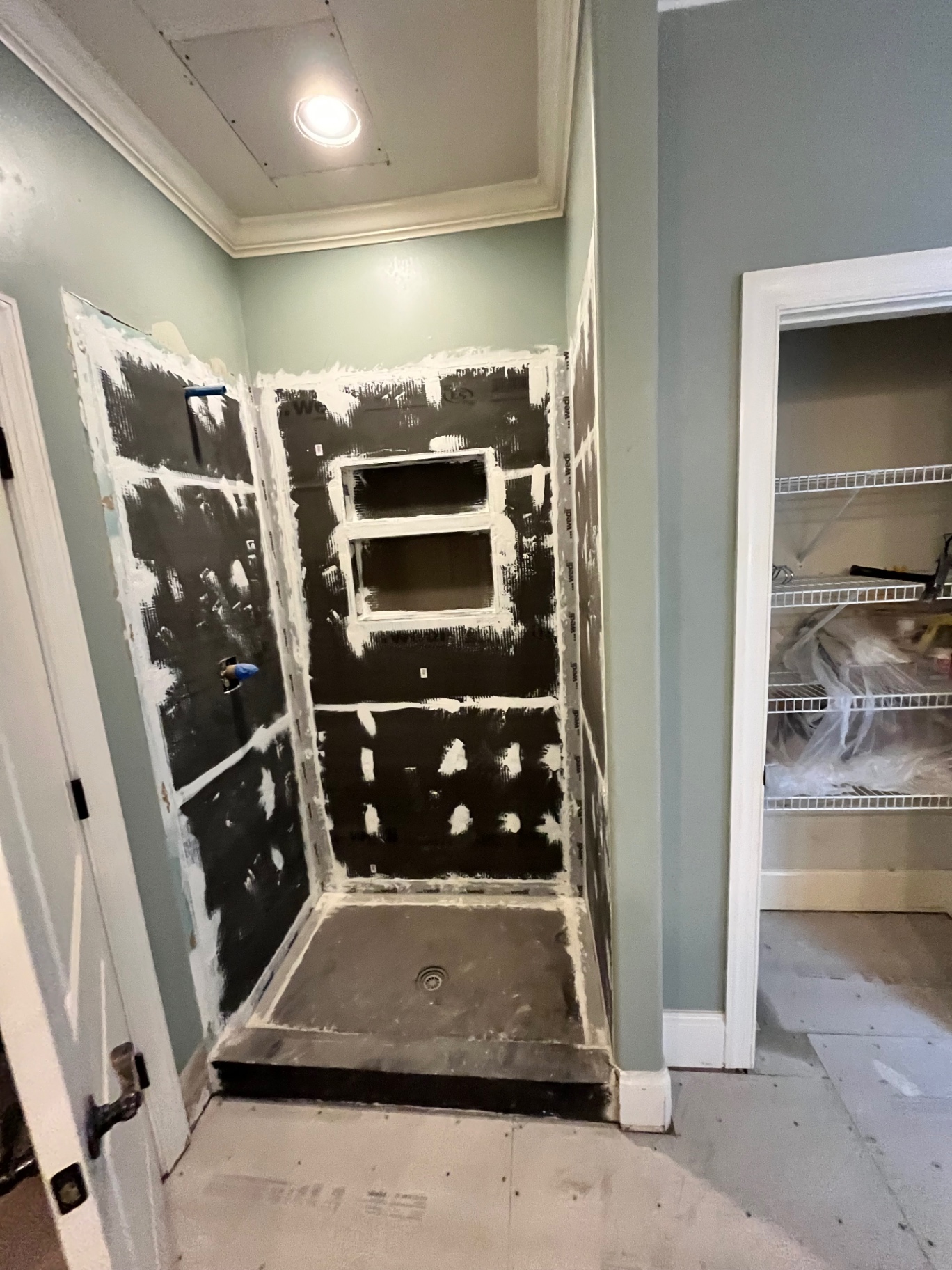 Waterproofed shower pan & walls — Wedi system