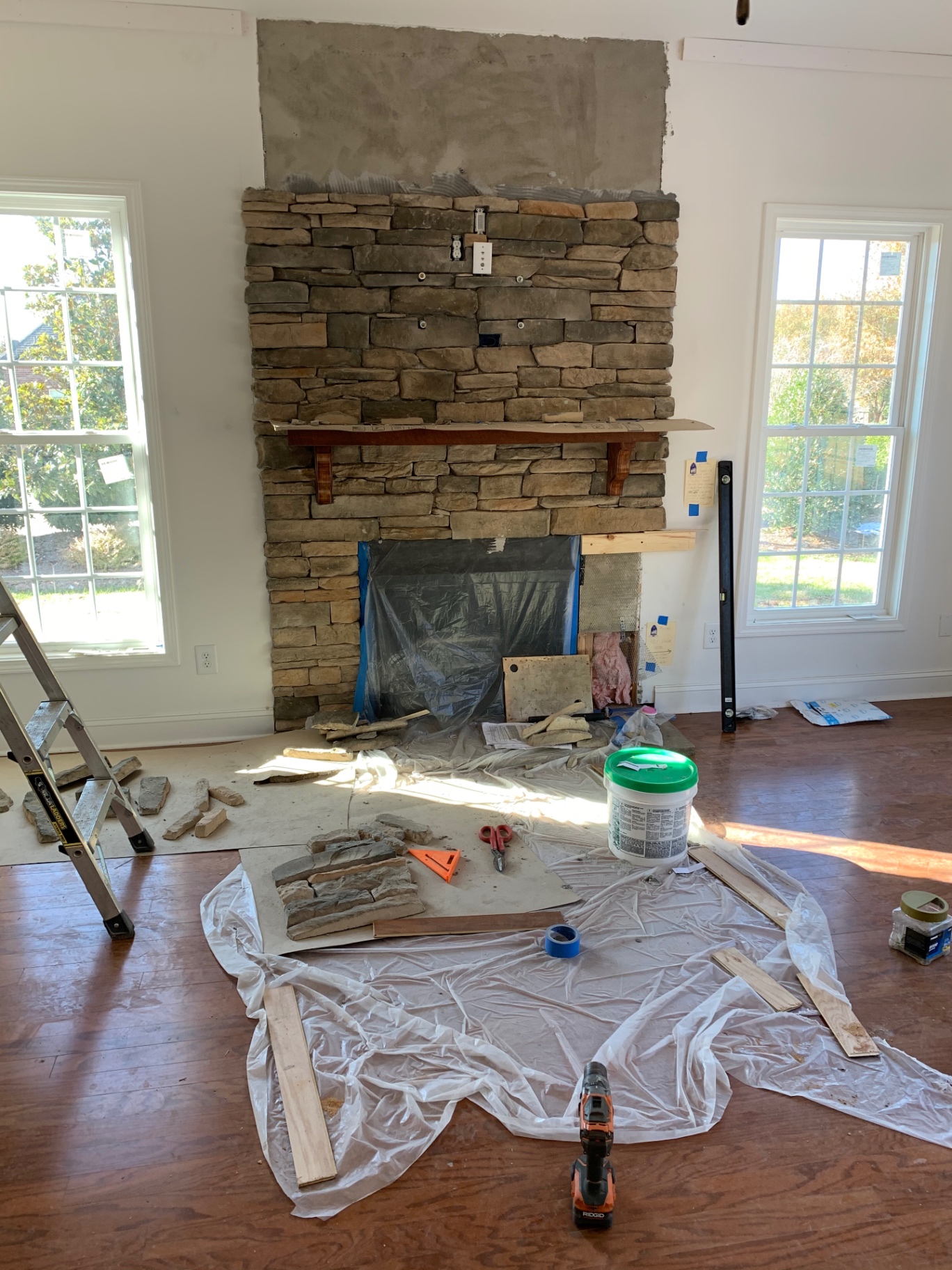 Stone fireplace build in progress